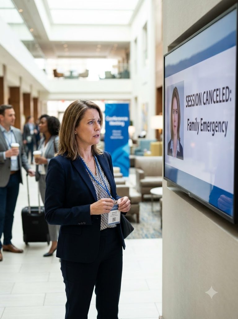 The Conference Program Said I Withdrew for a Family Emergency—But I Was Standing in the Lobby Holding My Speaker Badge